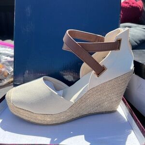 Women's Cream and Brown Wedge Espadrilles